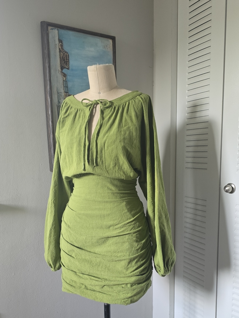 Free People Olive Green Tie-Neck Ruched Mini Dress